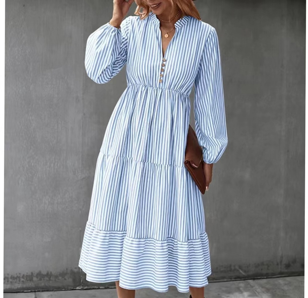 Women's Light Blue Striped V-Neck Long-Sleeve Tiered Midi Dress